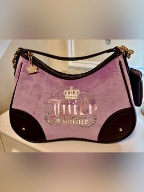 Juicy Couture Lavender Suede Shoulder Bag with Dark Trim & Gold Accents